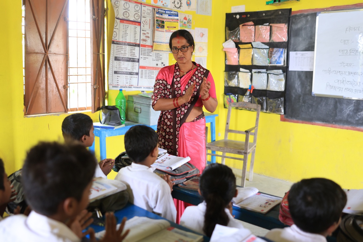 Early grade teacher Bibha Kumari Yadav at the Shree Janata Rashtriya Primary School in Bode Barsain Municipality in Saptari District in Nepal's southern plains. Credit: UNICEF/UNI448369/Laxmi-Prasad-Ngakhusi